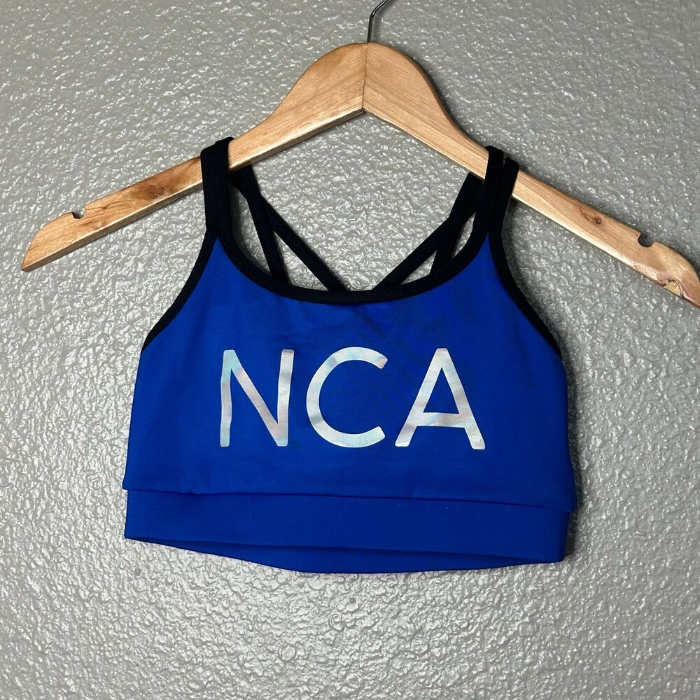 Varsity adult small sports bra blue black NCA